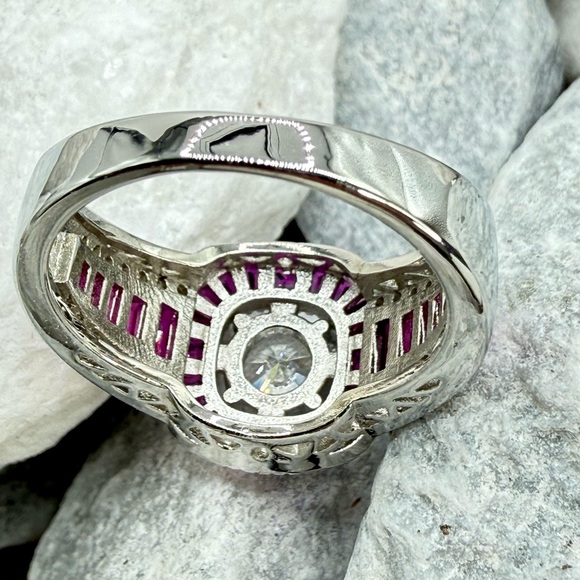 Lab Created Ruby Halo Ring 2.6 CT CZ Silver Tone Over Copper Sz 7.25 - Picture 10 of 17